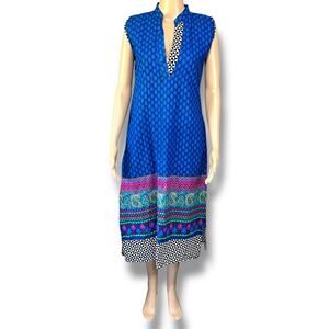 Boutique Womens Tunic Top Dress Brightly Colored Geo Print Midi Side Slits Large